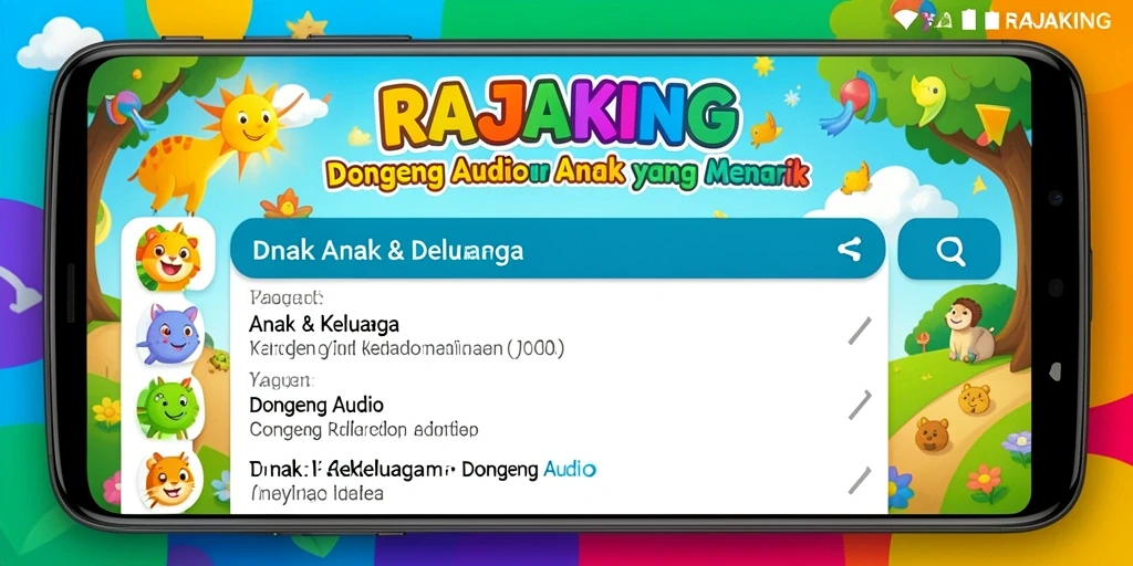 Antarmuka aplikas Dongeng Audio yang menarik dan ramah anak.