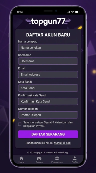 Tampilan halaman daftar topgun77